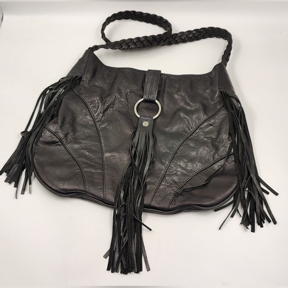J J Winters Black Fringe Leather Boho Bag Vintage